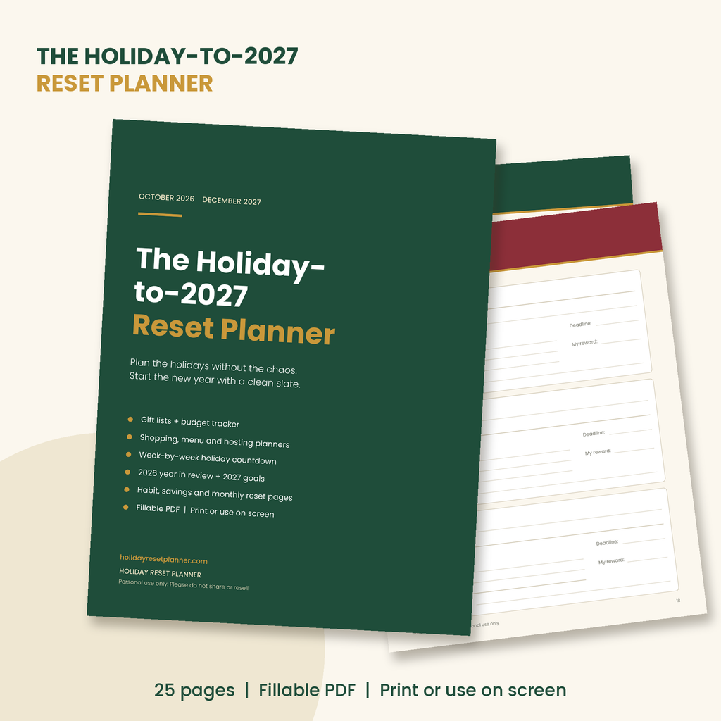 The Holiday-to-2027 Reset Planner, a 25-page fillable PDF planner, cover view