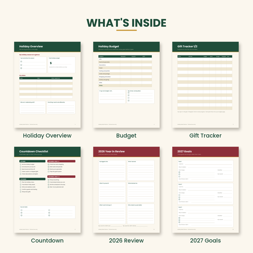 Inside pages of the Holiday-to-2027 Reset Planner: gift tracker, budget and countdown checklist