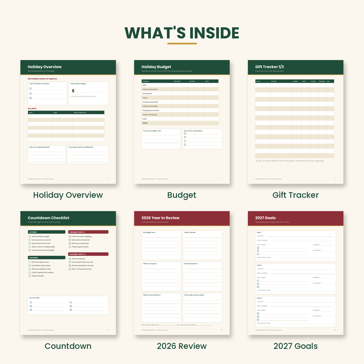 Inside pages of the Holiday-to-2027 Reset Planner: gift tracker, budget and countdown checklist