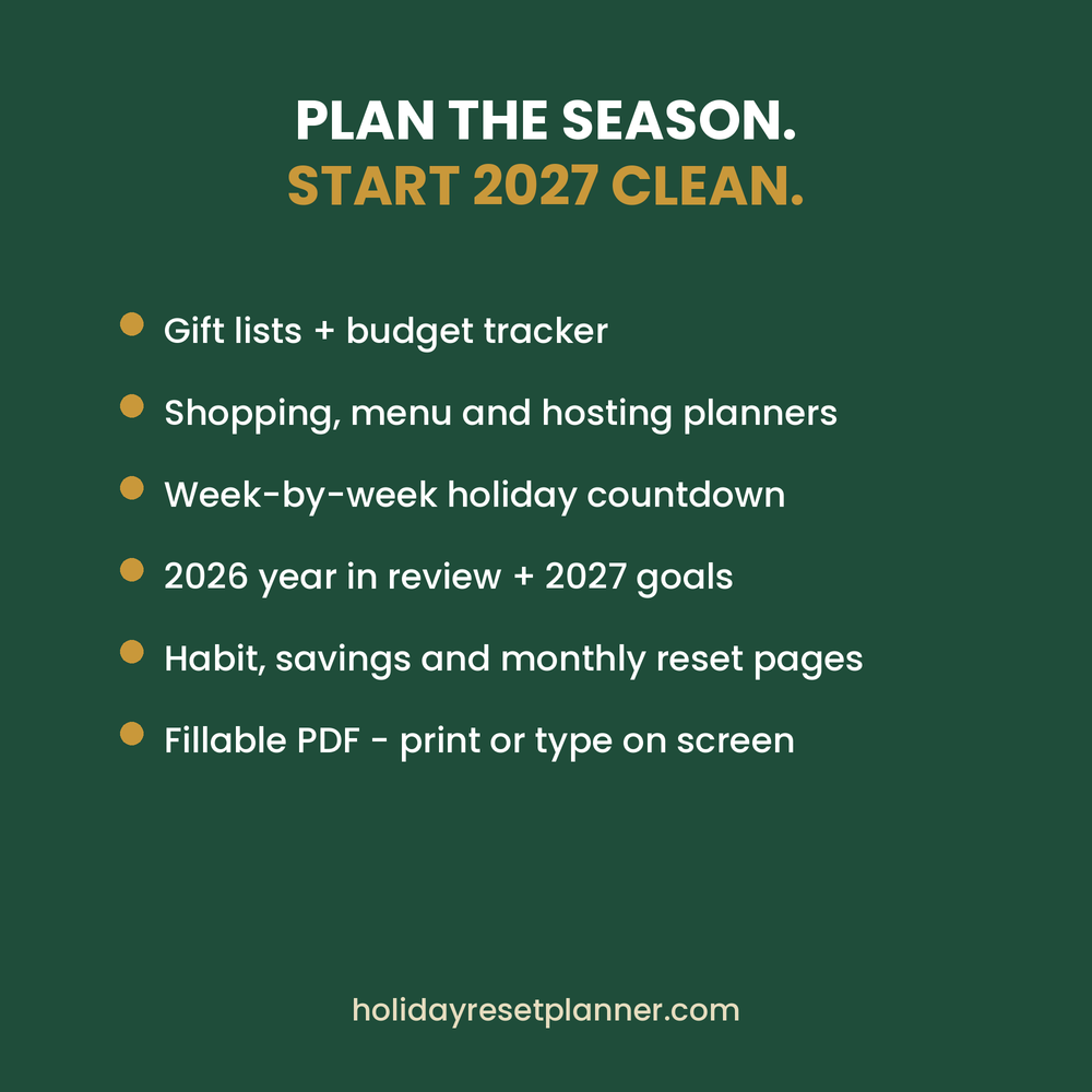 Features of the Holiday-to-2027 Reset Planner: fillable fields, print or use on screen, instant download
