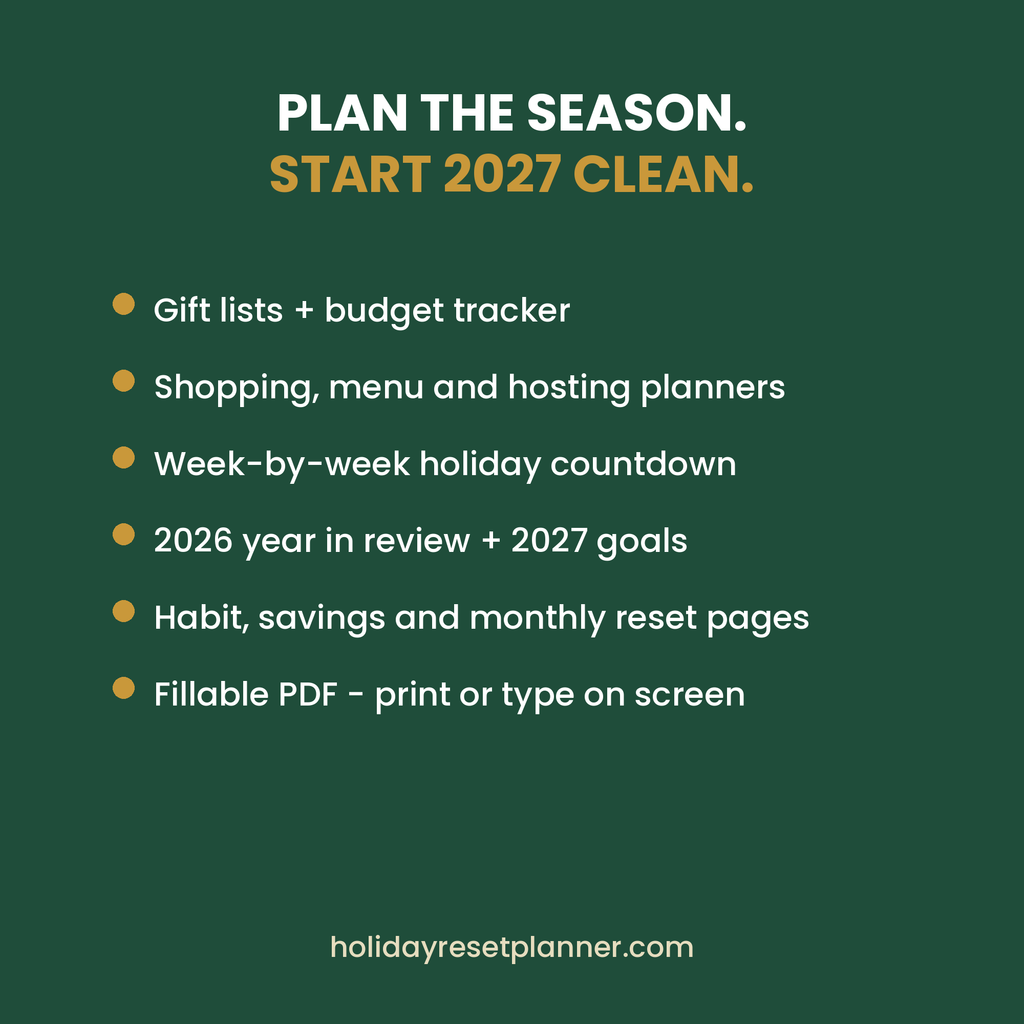 Features of the Holiday-to-2027 Reset Planner: fillable fields, print or use on screen, instant download