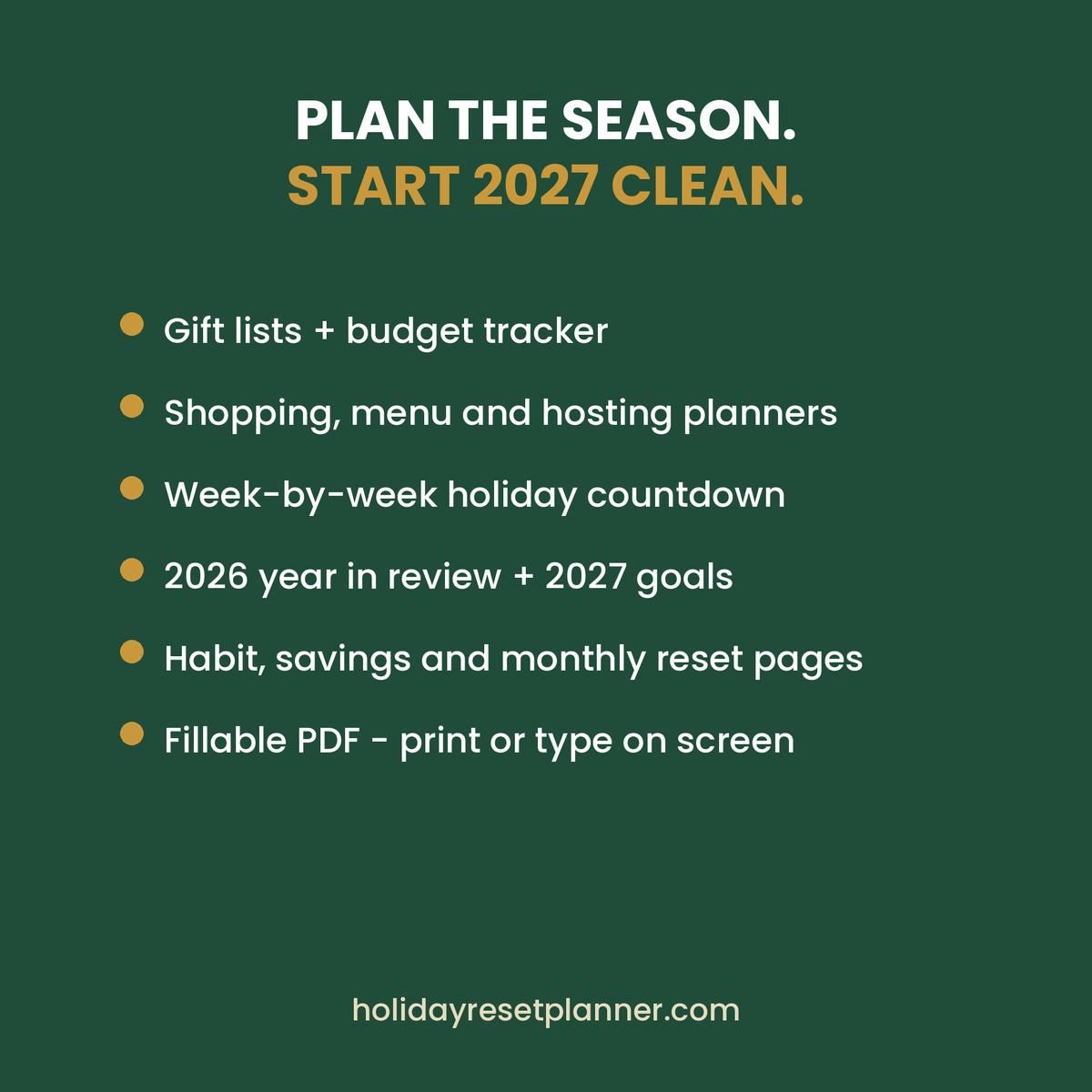 Features of the Holiday-to-2027 Reset Planner: fillable fields, print or use on screen, instant download
